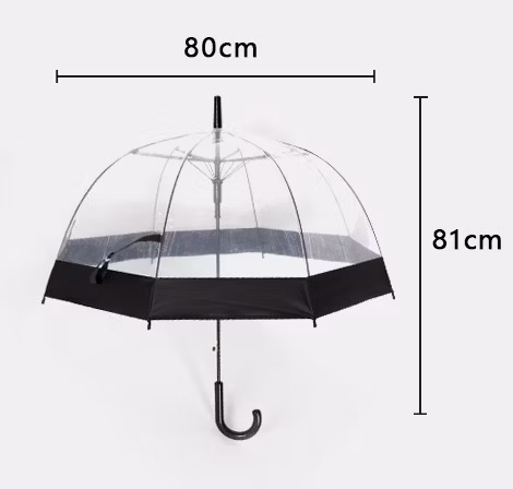 Capa plástica impermeável para chuva Guarda-chuva transparente Red Age Curve Logotipo personalizado em forma de J Transparente Poe Bubble Dome Clear Auto Open Promotion Guarda-chuva para senhora