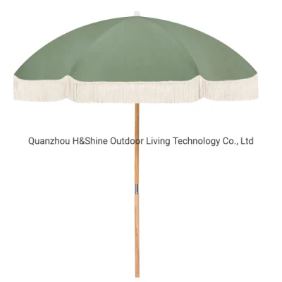 Guarda-chuva de praia de madeira com franjas de proteção solar premium ao ar livre com borlas